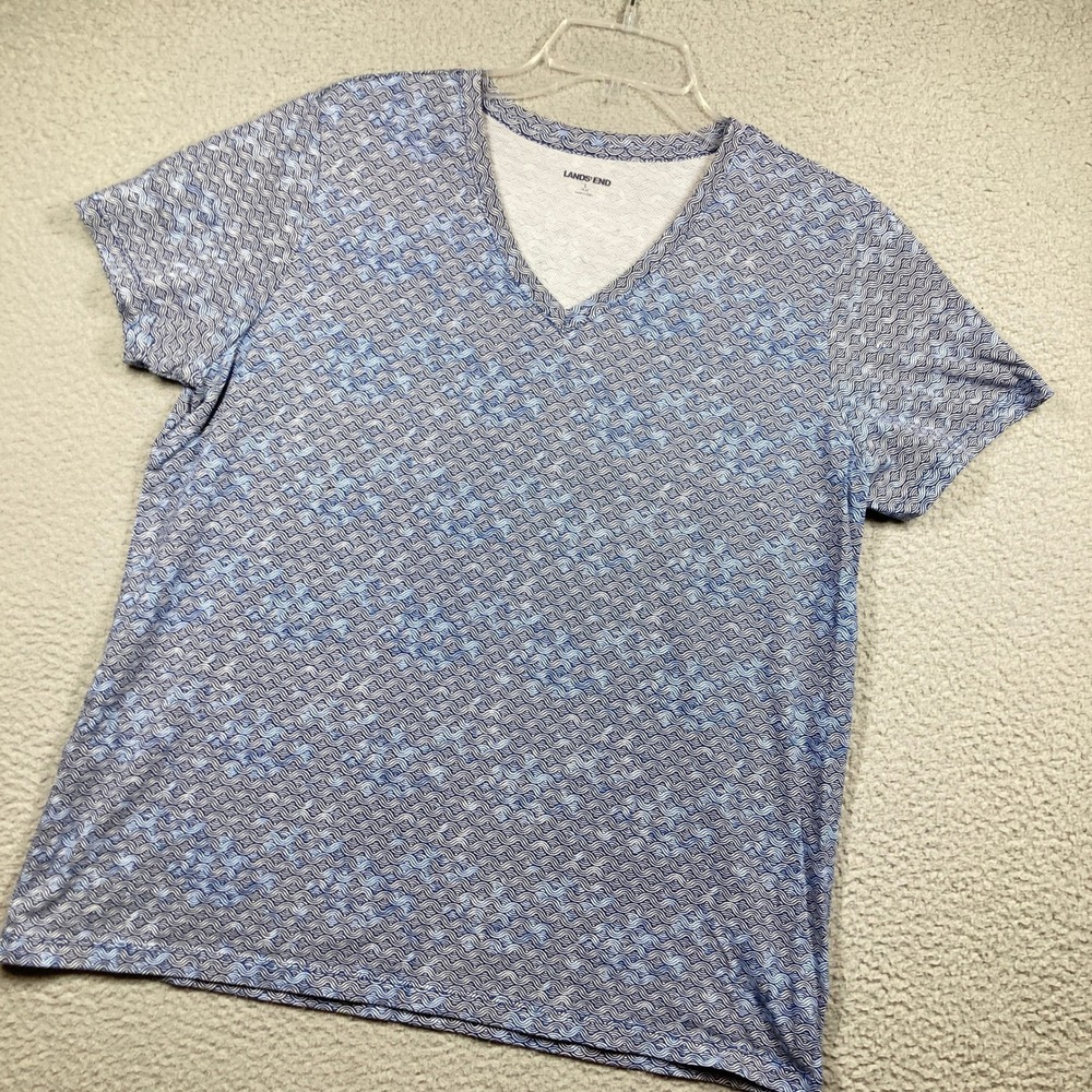 Lands' End T-Shirt Women L Blue White Geometric Wave V-Neck Cotton Short Sleeve